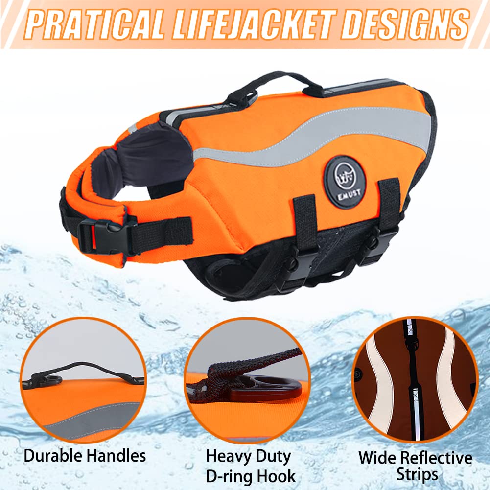 Emust Adjustable Dog Life Jackets For Boat With Front Float, High Visibility Safety Swimsuit, Medium, Orange