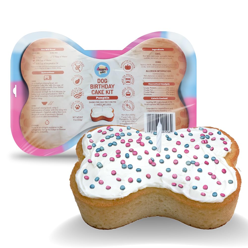 Puppy Cake Dog Birthday Cake Kit - Complete Cake Mix, Icing Mix, Candle, and Silicone Pan - Pumpkin Flavor - Bake or Microwave -