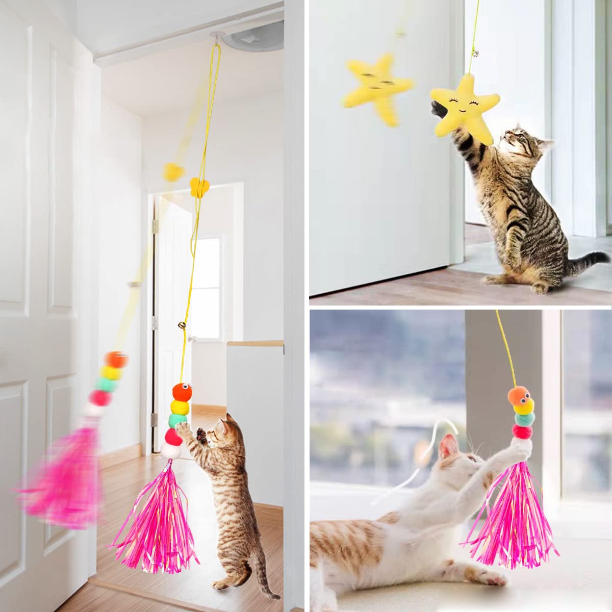 Mice Toys For Indoor Cats - 3 Pack Hanging Door Cat Toys With Tassel - Retractable Cat Toy With Rope Mouse Starfish Caterpillar