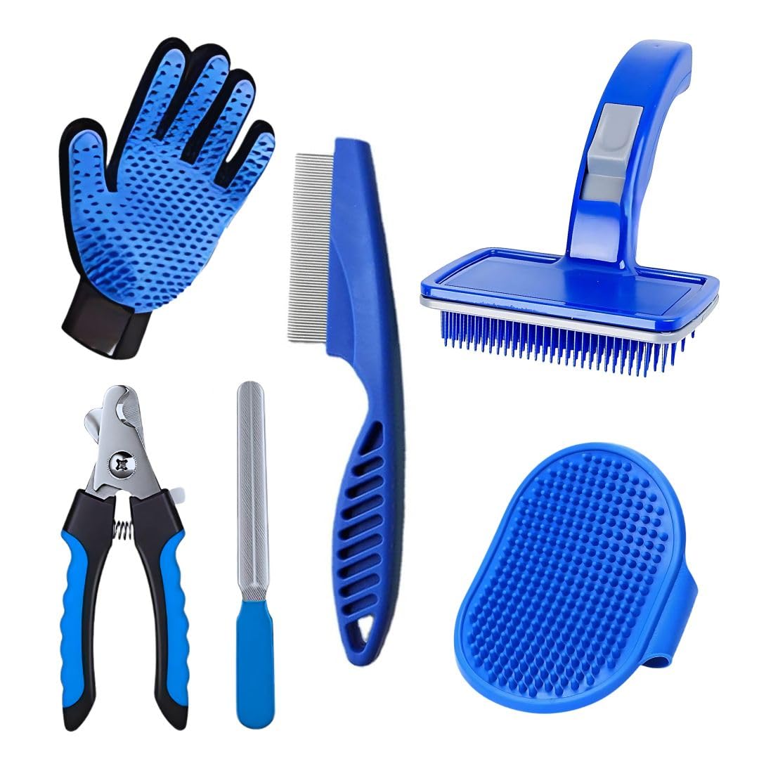 Pet Fun 6In1 Pet Grooming Kit | Deshedding Glove, Steel Comb, SelfCleaning Slicker Brush, Rubber Massager, Nail Clipper & Fil