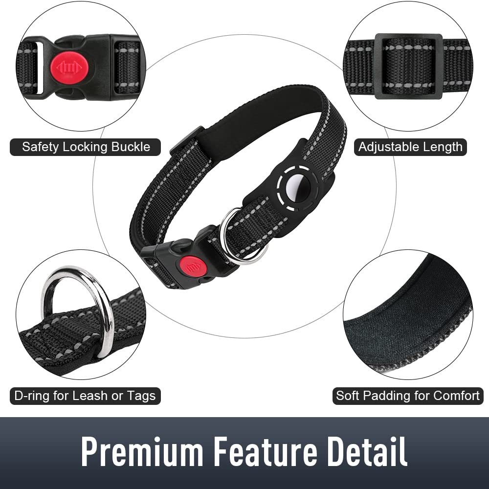 Erbine Airtag Dog Collar For Puppy Dogs, Reflective Dog Collars With Airtag Holder, Soft Padded & Safety Locking Buckle, Nylon Pet Collar Adjustable For All Breeds, Black