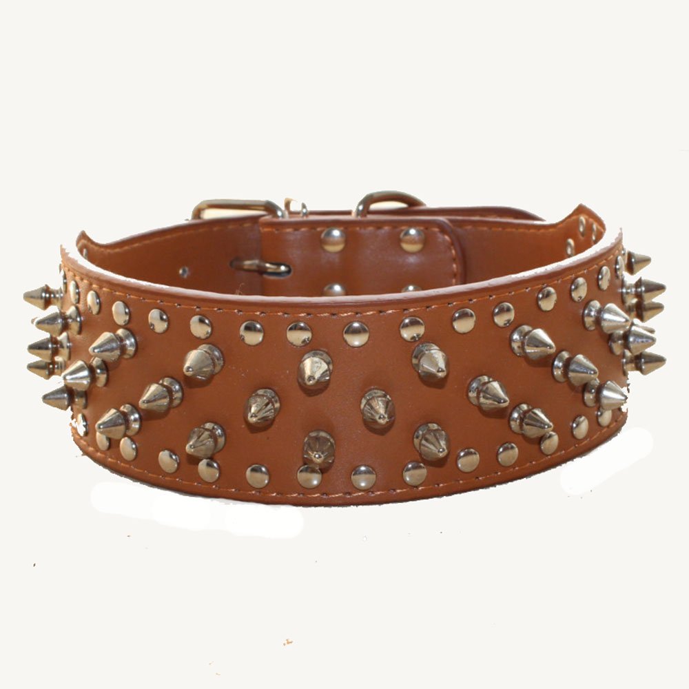 haoyueer Faux Leather Spiked Studded Dog Collar for Medium Large Dogs Pit Bull Mastiff Bully Boxer (M, Light Brown)