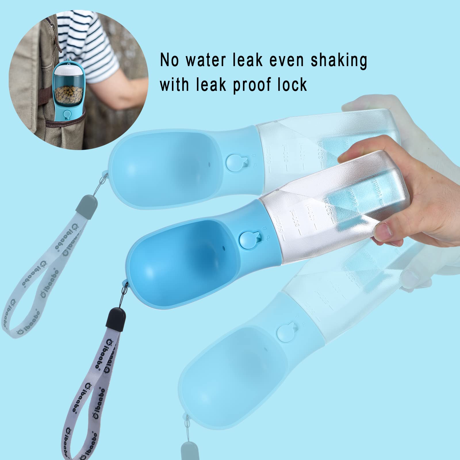 Cibaabo Dog Water Bottle with Food Container & Poop Bag Holder, Travel Water Bowl, Portable Pet Dispenser, Dog Stuff Accessories