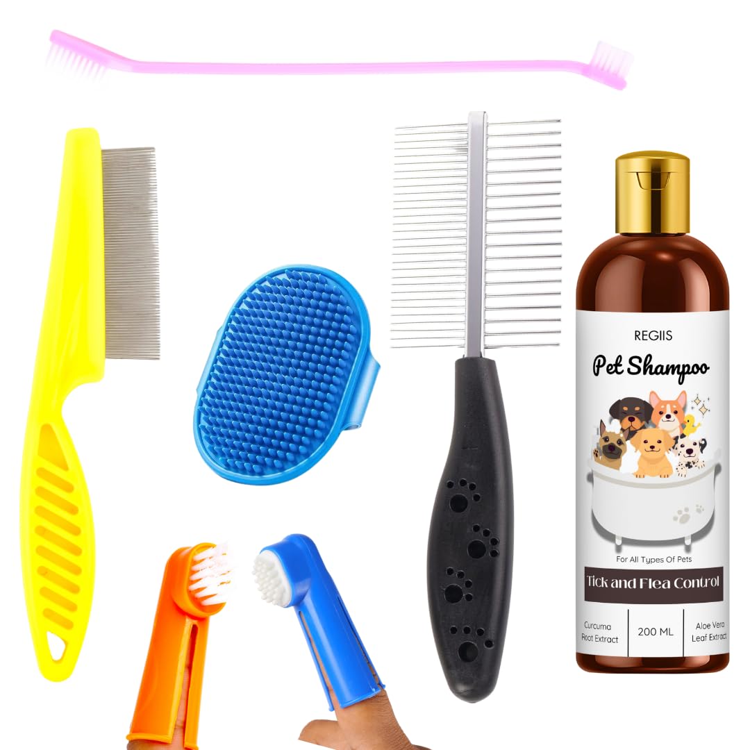 Regiis Pet Grooming Kit With Tick And Flea Control Shampoo, 5Piece Set With Combs, Brushes, Finger Toothbrush For Dogs, 200Ml