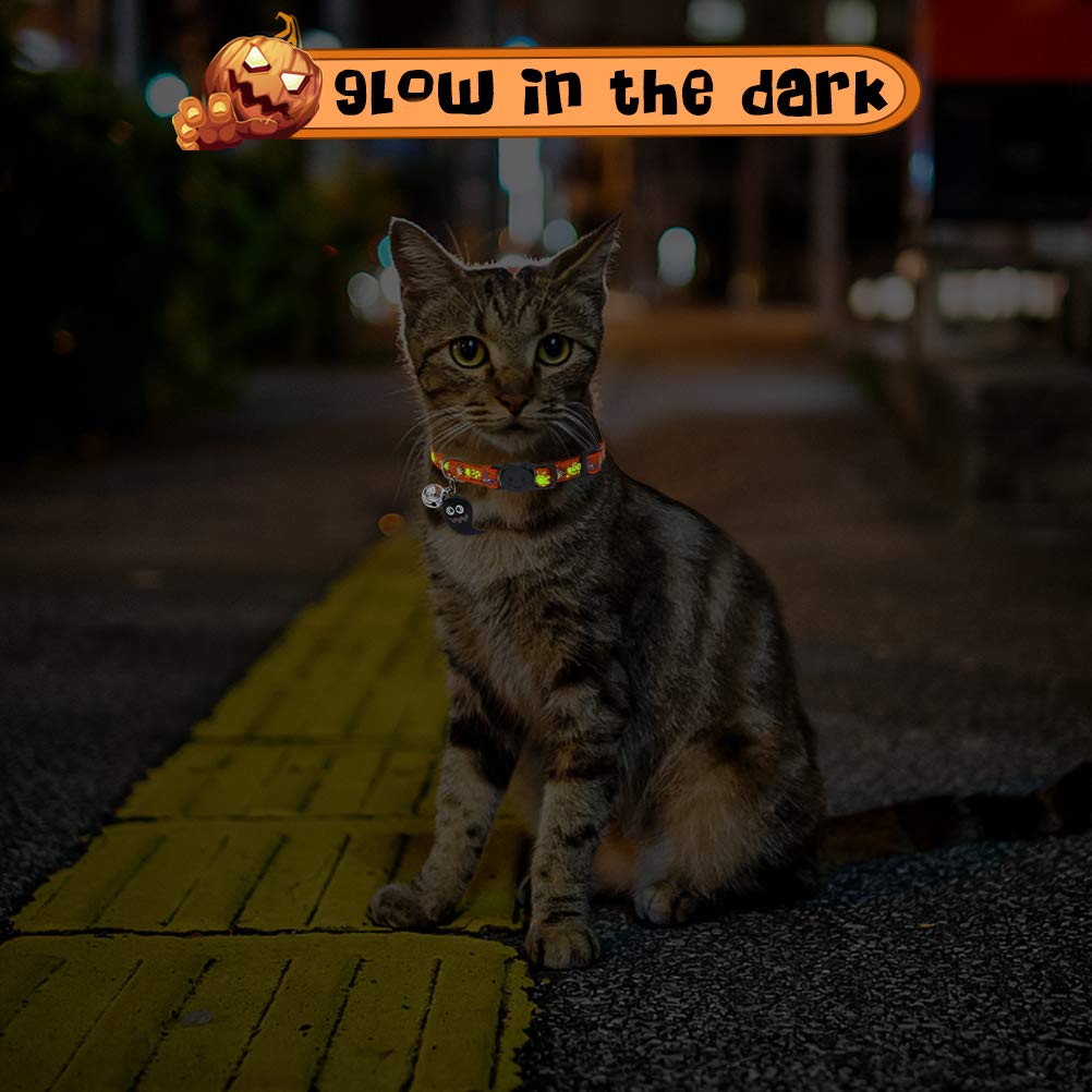 Expawlorer Halloween Cat Collar Breakaway - Glow In The Dark Holiday Pet Puppy Collar With Bell And Cute Ghost Pendant, Ideal Gift Adjustable Safety Collars For Cats, 2 Pack