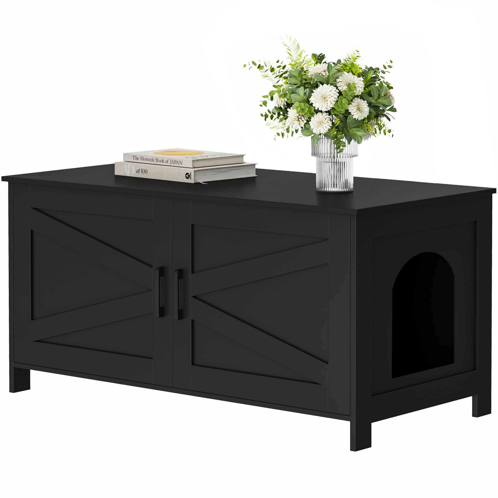 Homhedy 39.4'' L Cat Litter Box Enclosure, Pet House With Barn Door, Wooden Cat Washroom Furniture,Fit Most Of Litter Box, Black