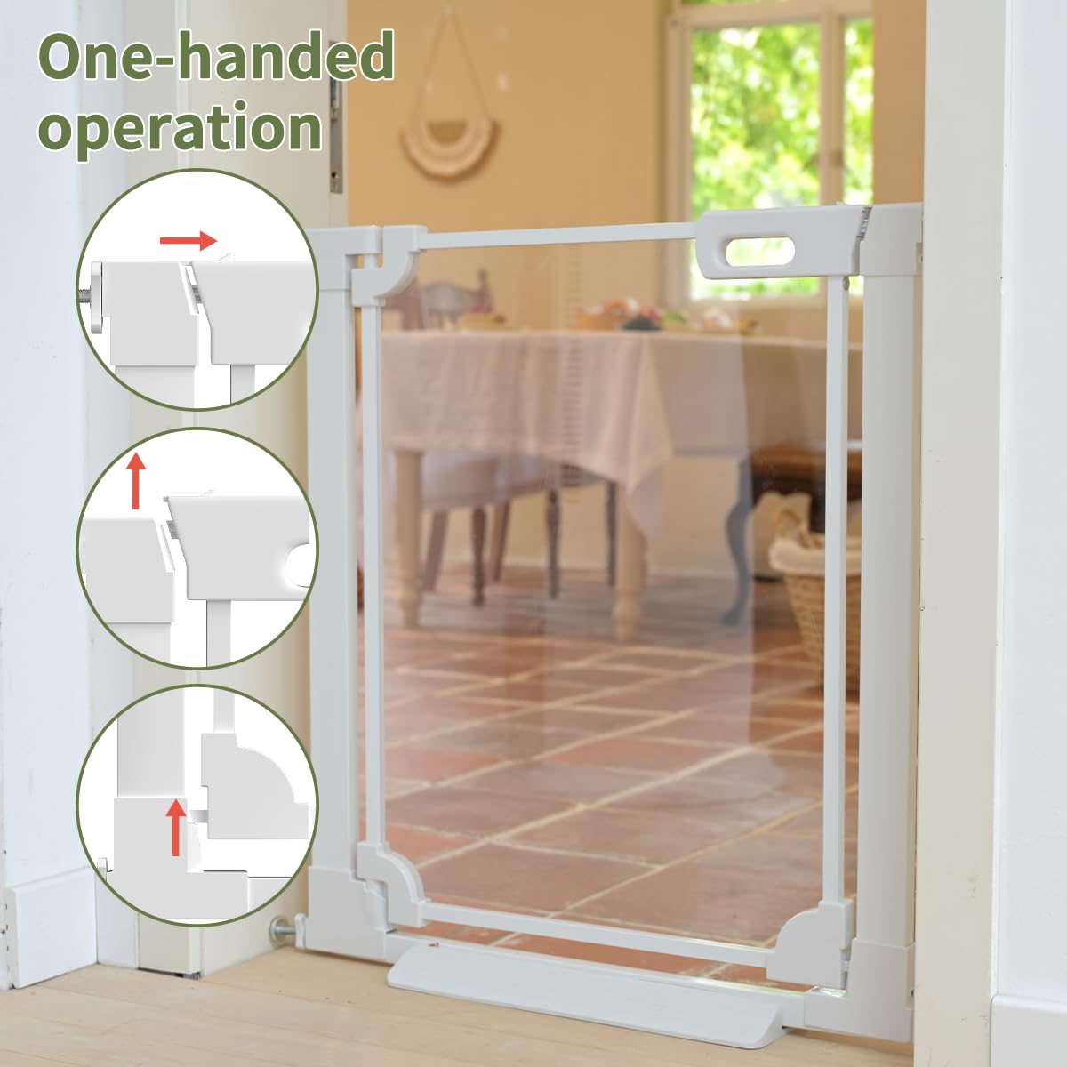 AIKSIWAI Clear Baby Safety Gate - 29"-48" Wide, 30" Tall, Pressure Mounted Acrylic, Easy Auto Close, White, Model W414