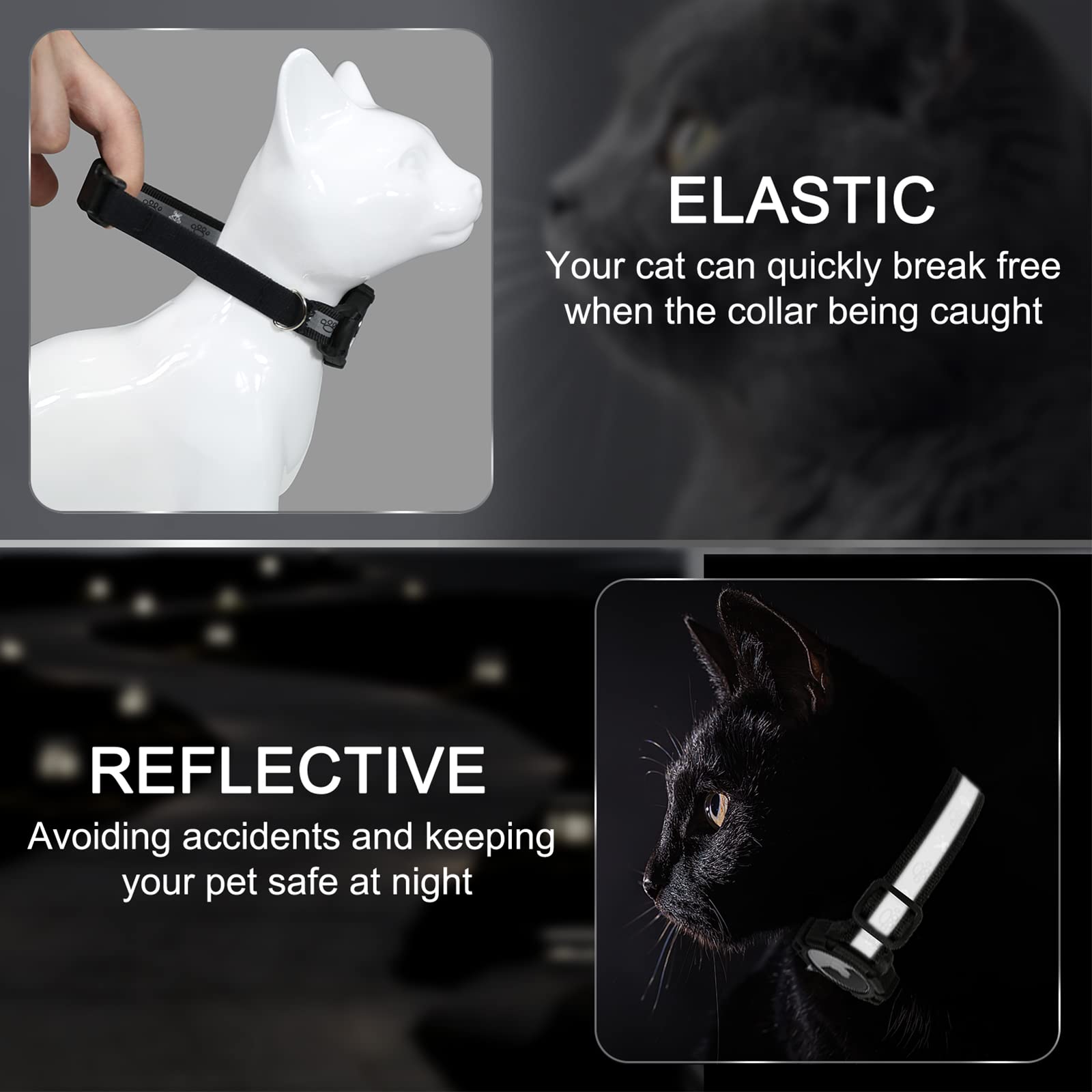 Reflective Airtag Cat Collar, Integrated Cat Tracker Collar With Air Tag Holder And Bell, Safety Elastic Band Cat Gps Collars For Girl Boy Cats, Kittens And Puppies (Black, S)