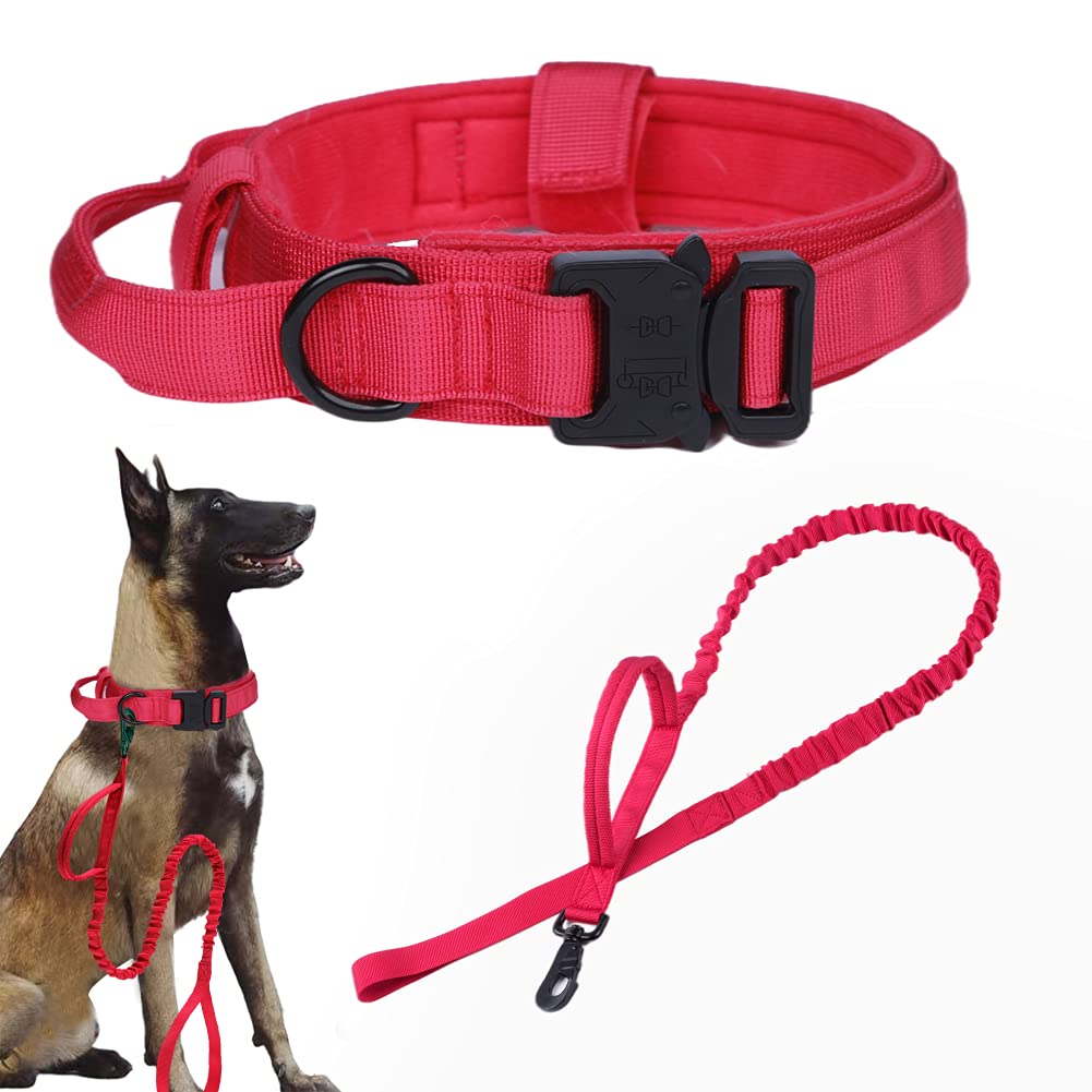 Tactical Dog Collar And Leash Set Tactical Dog Collar With Handle Bungee Leash Adjustable Military Training Nylon Collar Dog Training Collar Leash Set With Control Handleand Metal Buckle(Red M