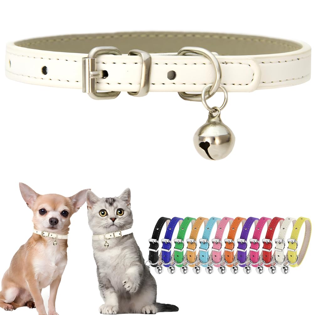 Puppy Collar With Bell Faux Leather White Dog Collar For Small Dogs Adjustable Buckle Kitten Cat Collar With Bell For Xxs Xs Tin