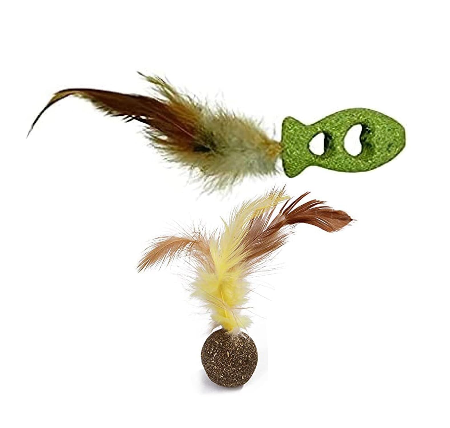W9 Pet Products Combo Of 2 Natural Attractive Interactive Funny Playing Catnip Fish And Ball Shape Toy With Feather For Small C