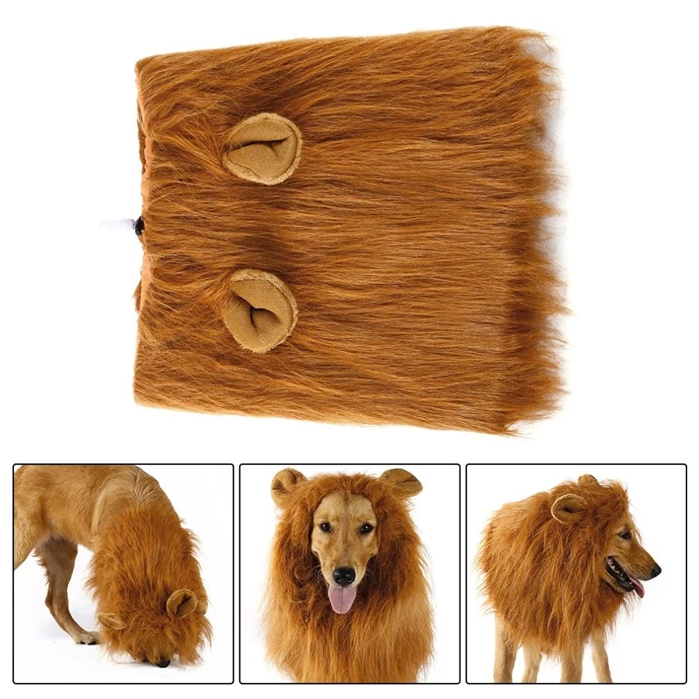 6Miles 1 Pcs Light Brown Adjustable Washable Comfortable Funny Lion Mane Wig With Ears For Dog And Cat Costume Pet Fancy Hair Cl