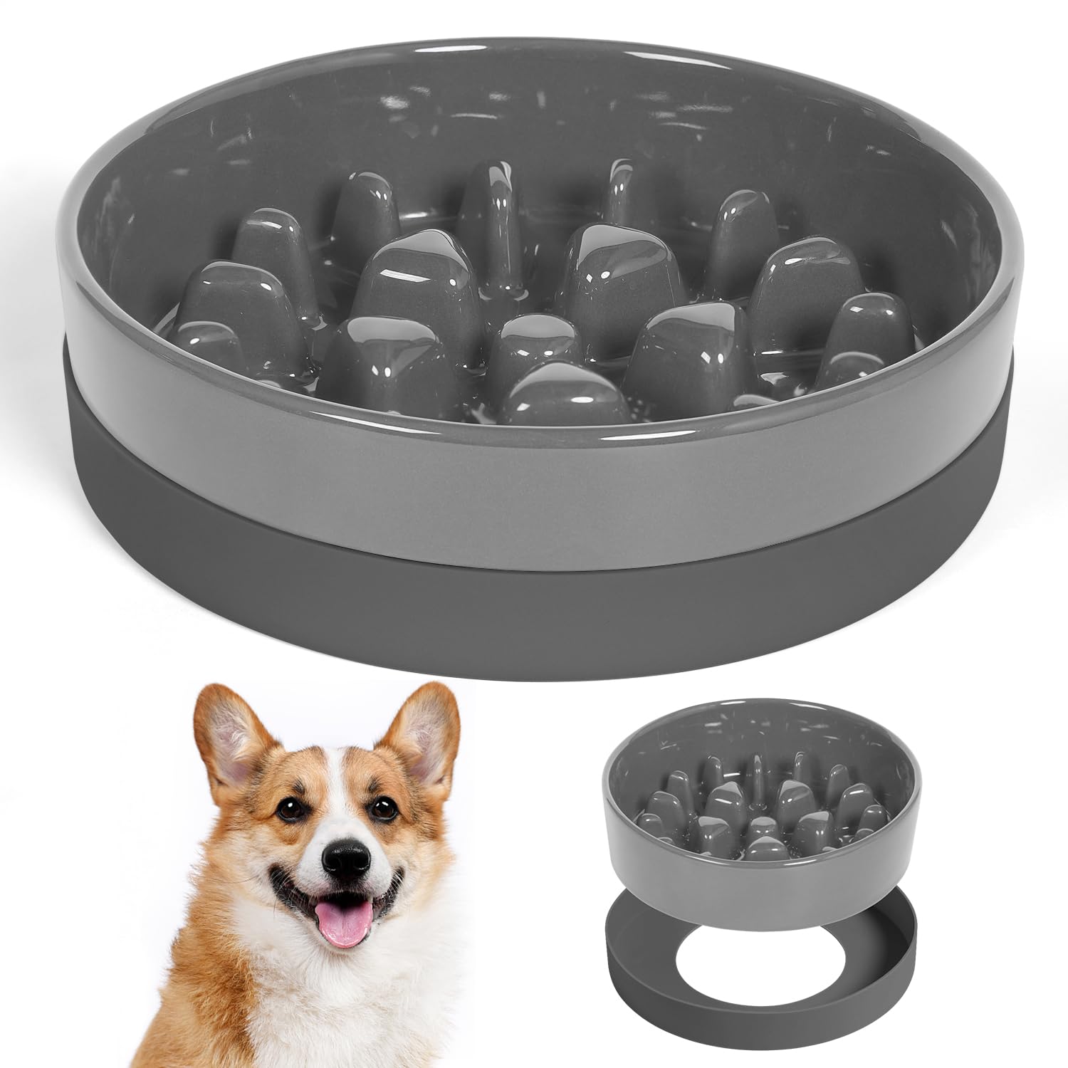 Sted Ceramic Slow Feeder Dog Bowls with Silicone Base, Slow Feeding Dog Bowl Small Medium Breed, Dog Food Bowls for Fast Eaters,