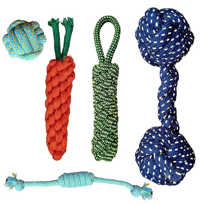 Psk Pet Mart Dog Chew Toys For Puppy Teething & Training (Dummy + Dumbell + Carrot + Single Knot + Ball), Rope Toy For Small Dog