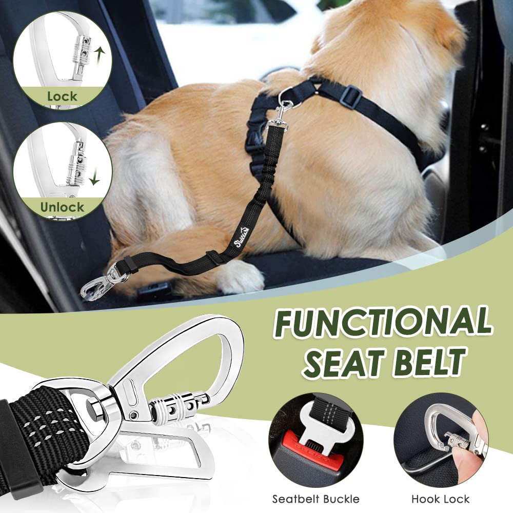Slowton Dog Car Harness Seat Belt Set, Dog Vest Harness Adjustable Mesh Breathable & Vehicle Safety Seatbelt Tether With Elastic Bungee For Small Medium Large Pets (Lime Green, L)