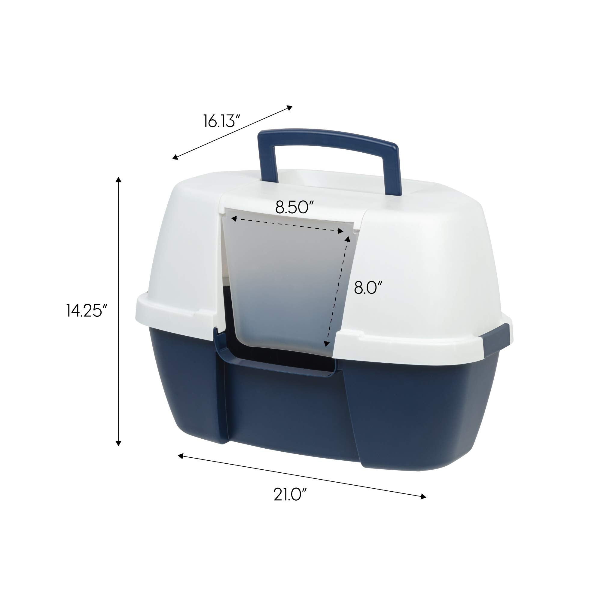 Iris Usa Corner Cat Litter Box Enclosed With Scoop - Privacy And Easy Access For Cleaning, Odor Defensive Hooded Litter Tray, Sturdy Stain Resisting Plastic, Fits In Most Corners, Navy/White