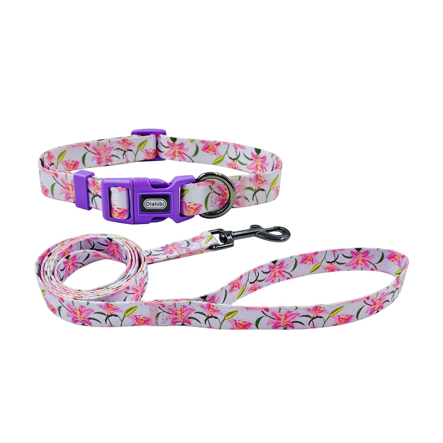 Olahibi Dog Collar And Leash Set, Lily Floral Pattern, Polyester Material, 5Ft Leash, For Medium Dogs.(M, Purple Lily)