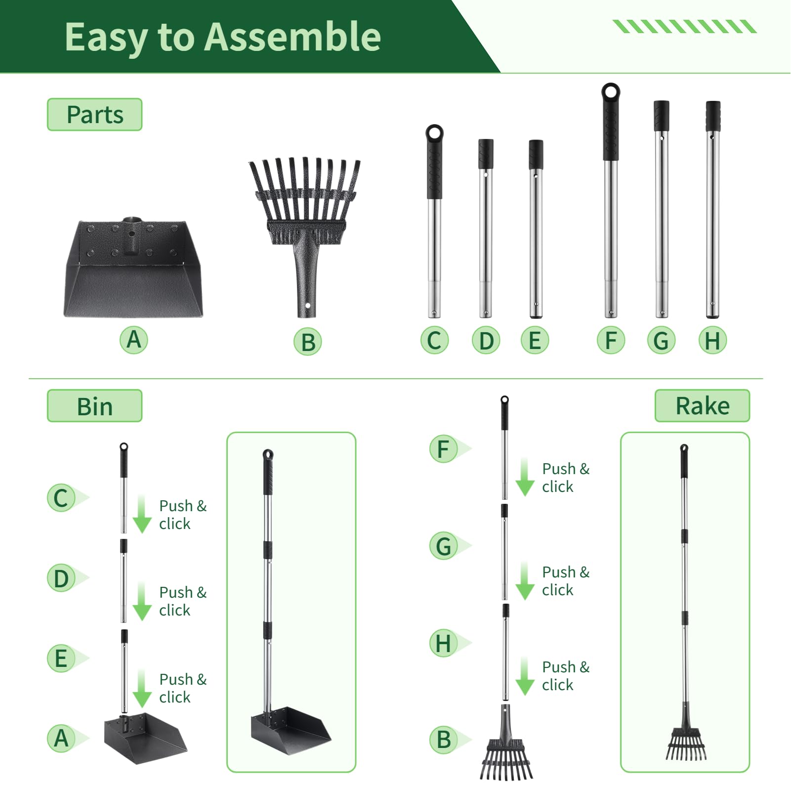 Biubiucat Dog Pooper Scooper Set - 20L Trash Bin, Long Handle Rake, 150 Bags, Black Plastic for Small/Large Dog Families