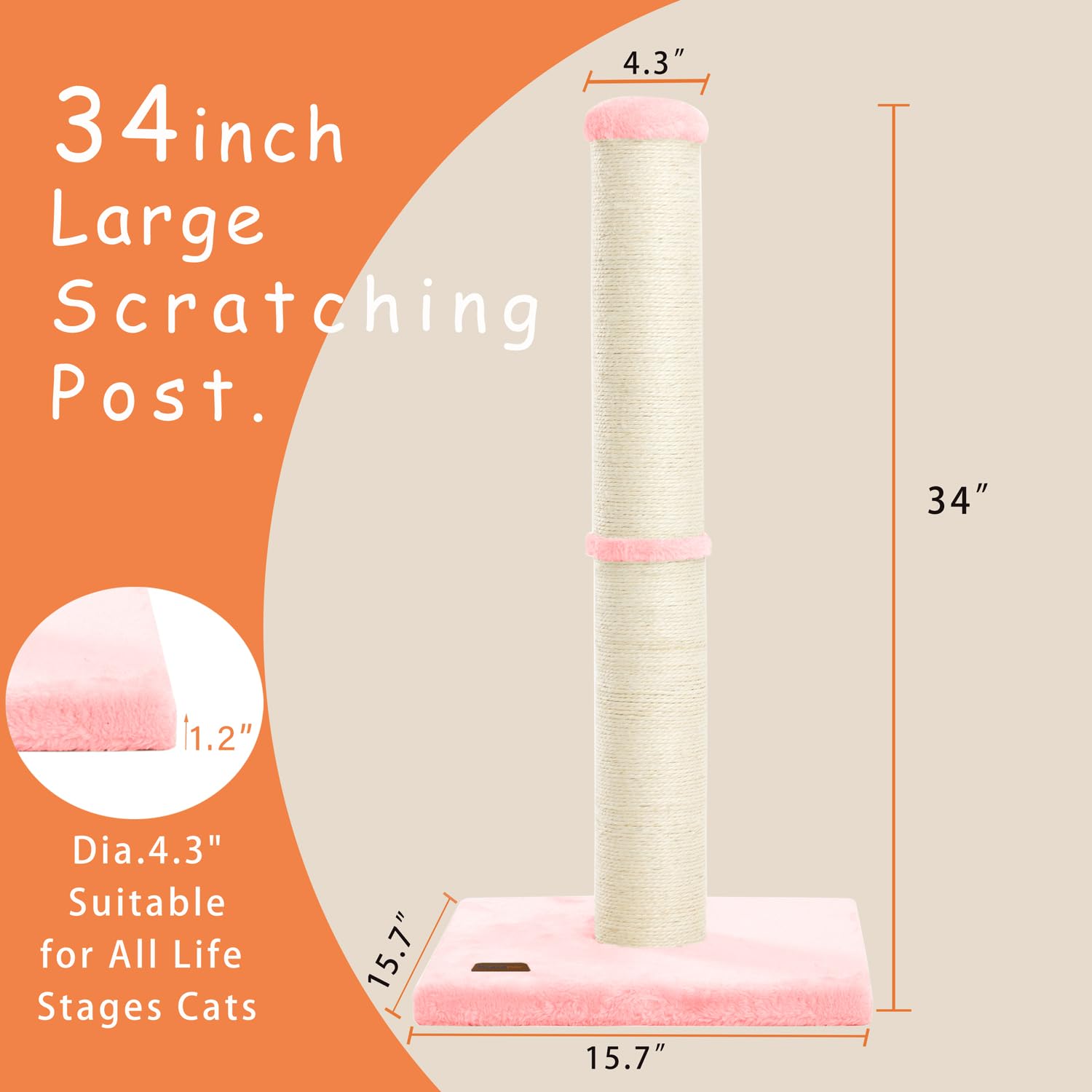 Karolpar 34Inch Cat Scratching Post With Natural Sisal Rope 4.3Inch Large Diameter Scratcher Post Tree For Indoor Cats Pink