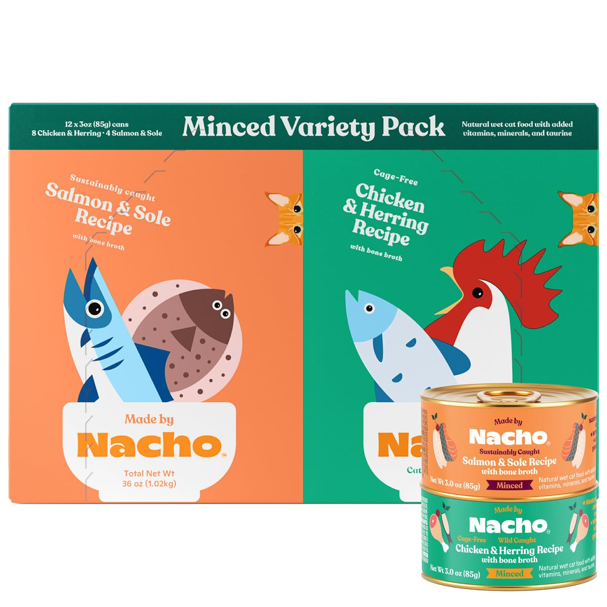Made by Nacho Premium Minced Wet Canned Cat Food with Hydrating Bone Broth 3.0oz (Variety Pack (12 Count) - Chicken and Herring,