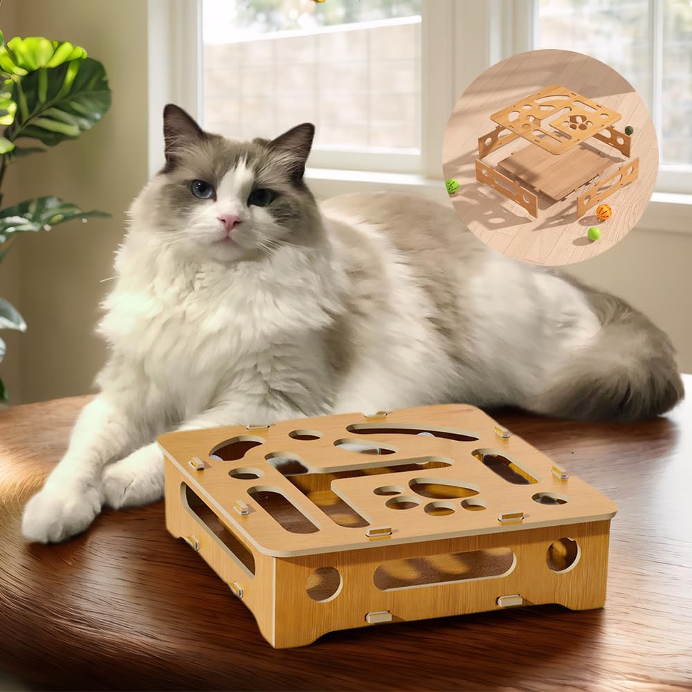 Cat Puzzle Toy Box,Wooden Interactive Enrichment Toy for Indoor Cats, Treat Dispensing, Self-Play, Hunting Games, Hide & Seek, B