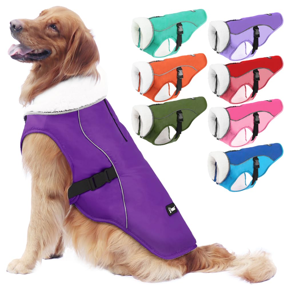 EMUST Dog Coat Winter, Waterproof Dog Snow Jacket for Winter, Adjustable Small/Medium/Large Dog Coat/s for Winter, Purple, L