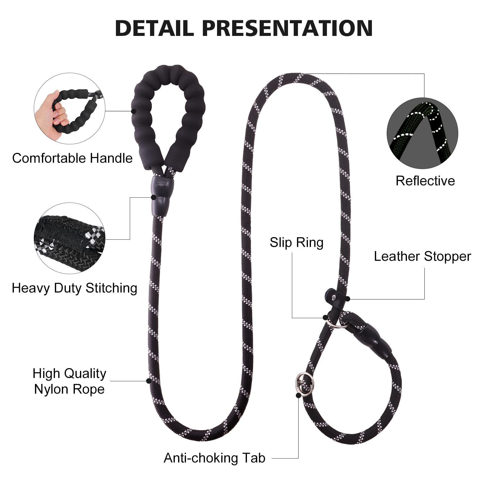Betmaypet Slip Lead Dog Leash - 4/5/6 FT With Comfortable Handle - Reflective & Heavy Duty Rope for Training (1/2''- 5FT, Grey)