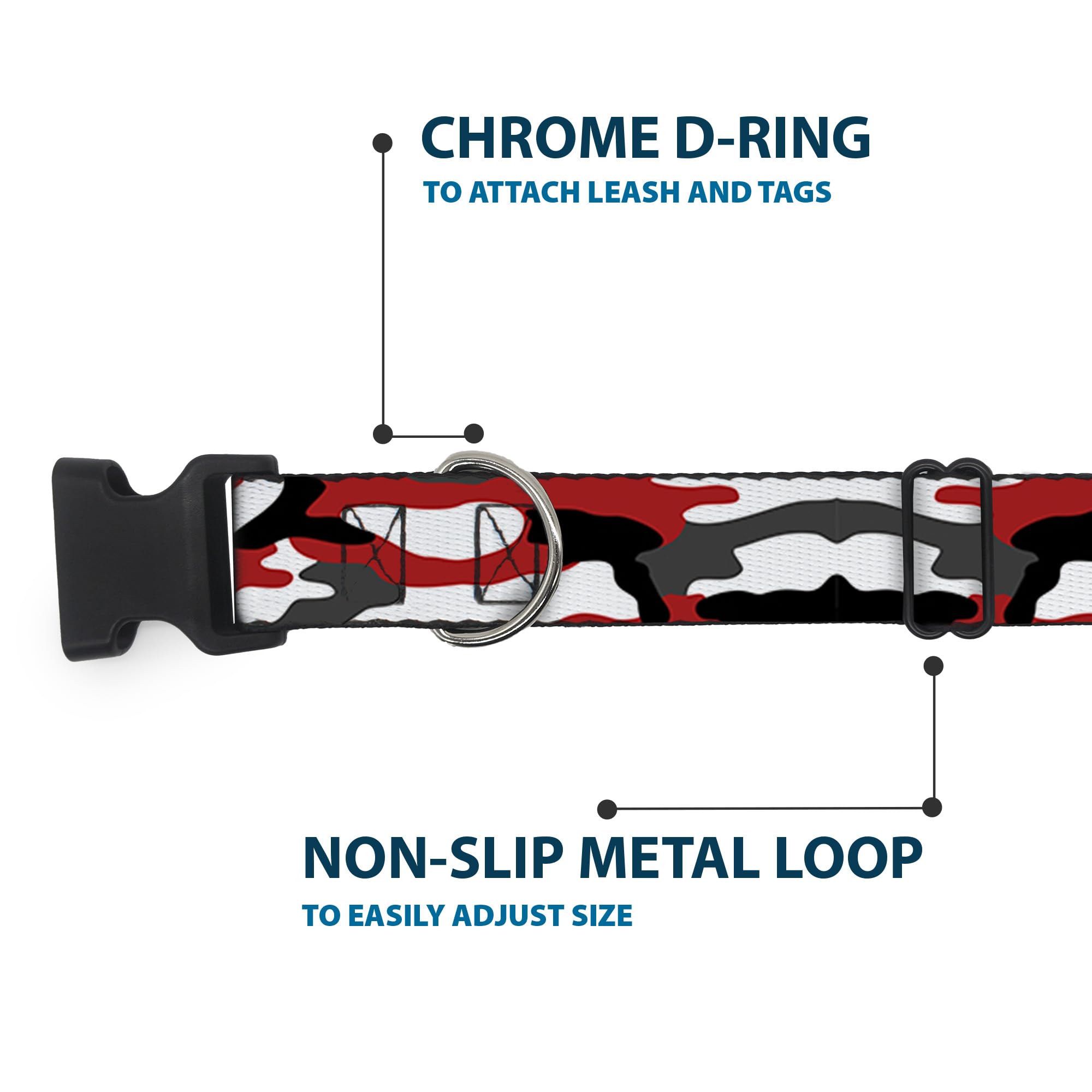 Buckle-Down Dog Collar Plastic Clip Camo Red Black Gray White 11 To 17 Inches 1.0 Inch Wide