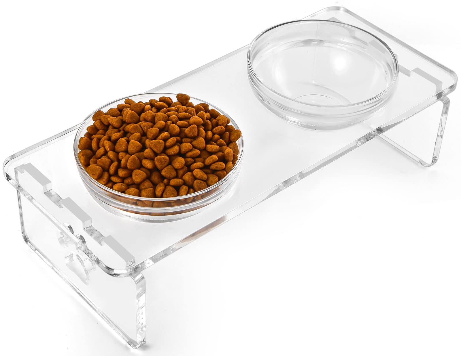 Dog and Cat Bowls Elevated Set - Acrylic Feeder Stand with 2 Set Removable Stainless Steel and Glass Bowls Food and Water Raised