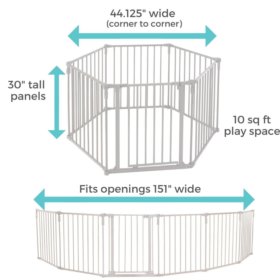 Toddleroo By North States 3 In 1 Metal Superyard 6 Panel Play Yard, Baby Gate, Playpen Or Extra Wide Baby Fence, 151' Wide. Wall Mount Kit Included. 10 Sq Ft Play Yard (30' Tall, Taupe)