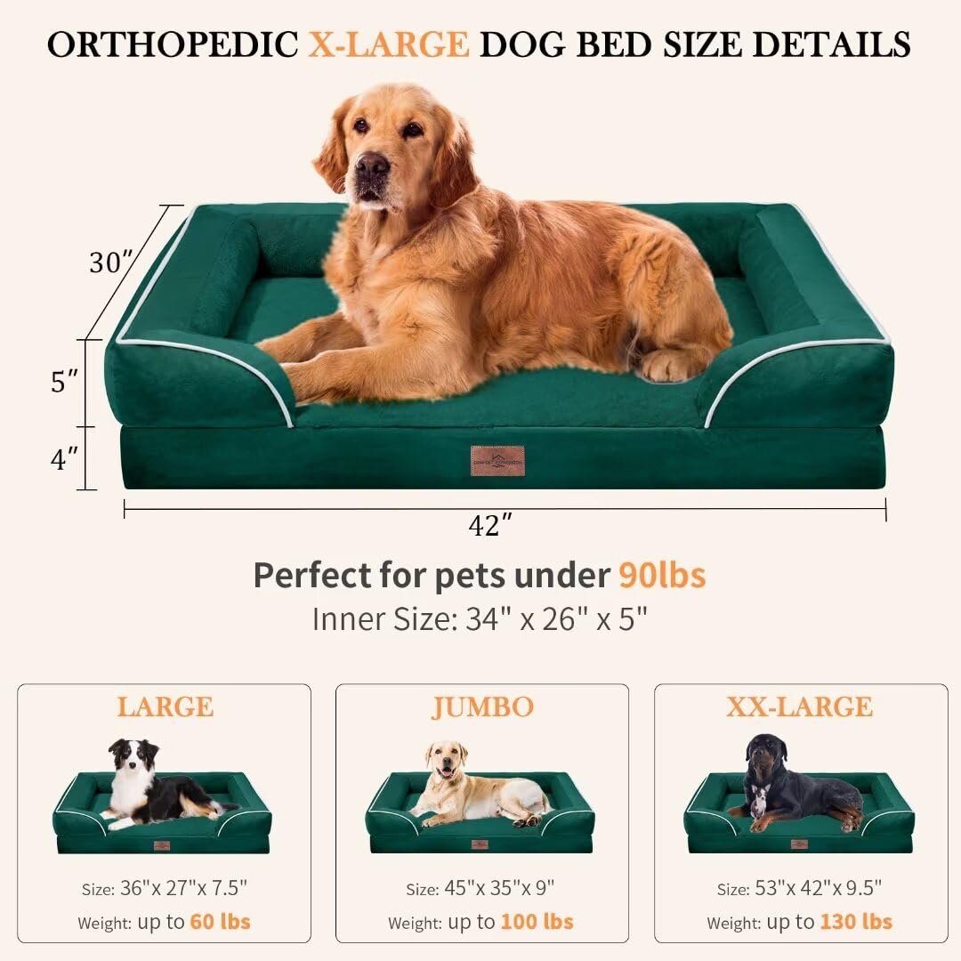 Comfort Expression Xl Orthopedic Dog Beds, Waterproof Dog Bed, Extra Large Dog Beds With Bolster, Washable Dog Bed Sofa Pet Bed With Removable Cover & Non-Slip Bottom(X-Large,Emerald)