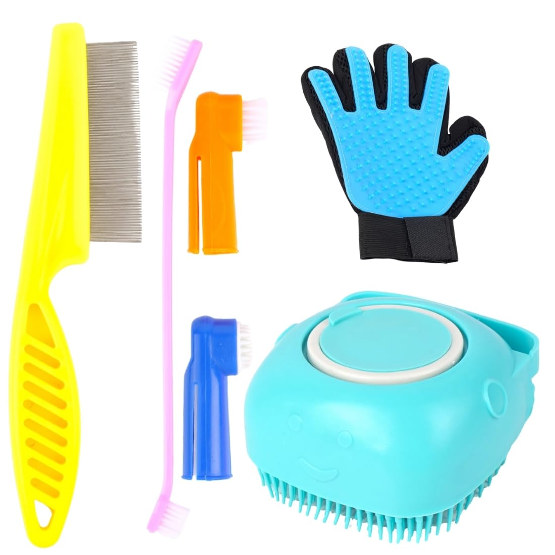 Pet Grooming Kit With Silicone Brush, Deshedding Glove, Metal Comb, Cleaning Tools, Blue, 6 Piece Set For Dogs(Pack Of 4)