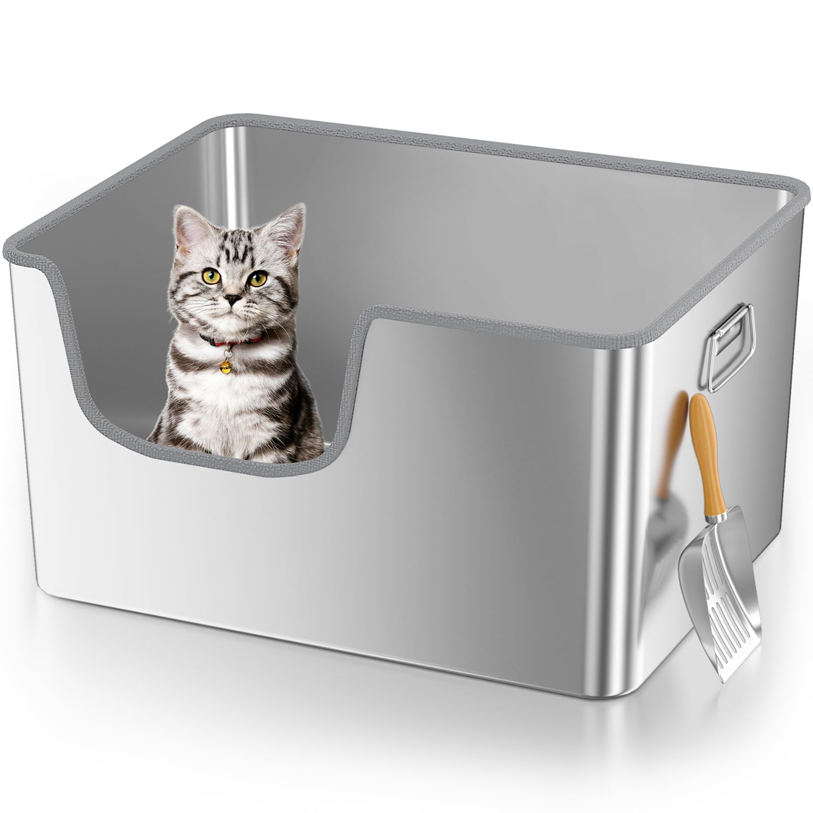 40L XXL Stainless Steel Litter Box with High Sides,No Sharp Edges for Big Cats Maine Coon,One-Piece Deep Stainless Steel Litter 