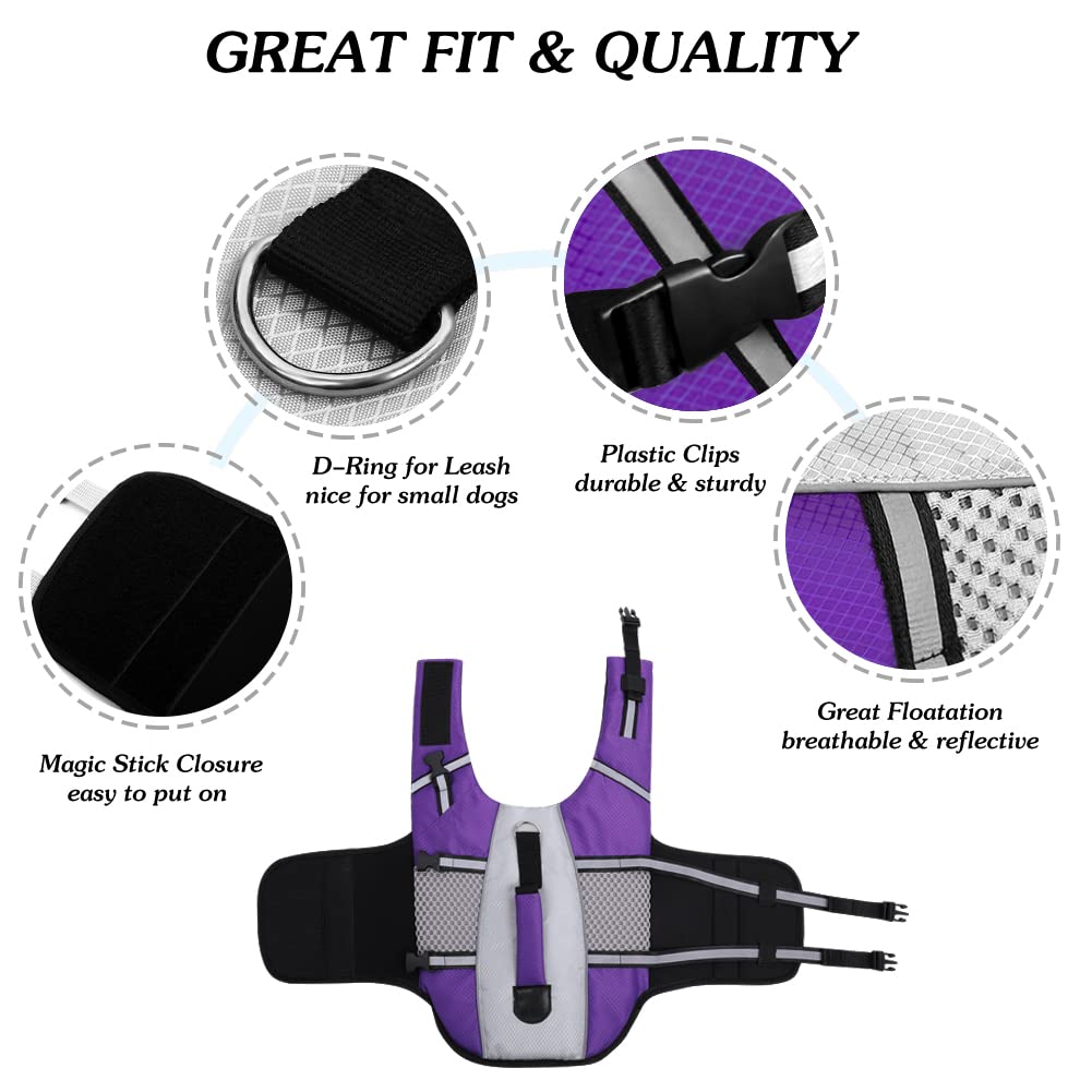 Dog Life Jacket Swimming Vest Lightweight High Reflective Pet Lifesaver With Lift Handle, Leash Ring Purple,M