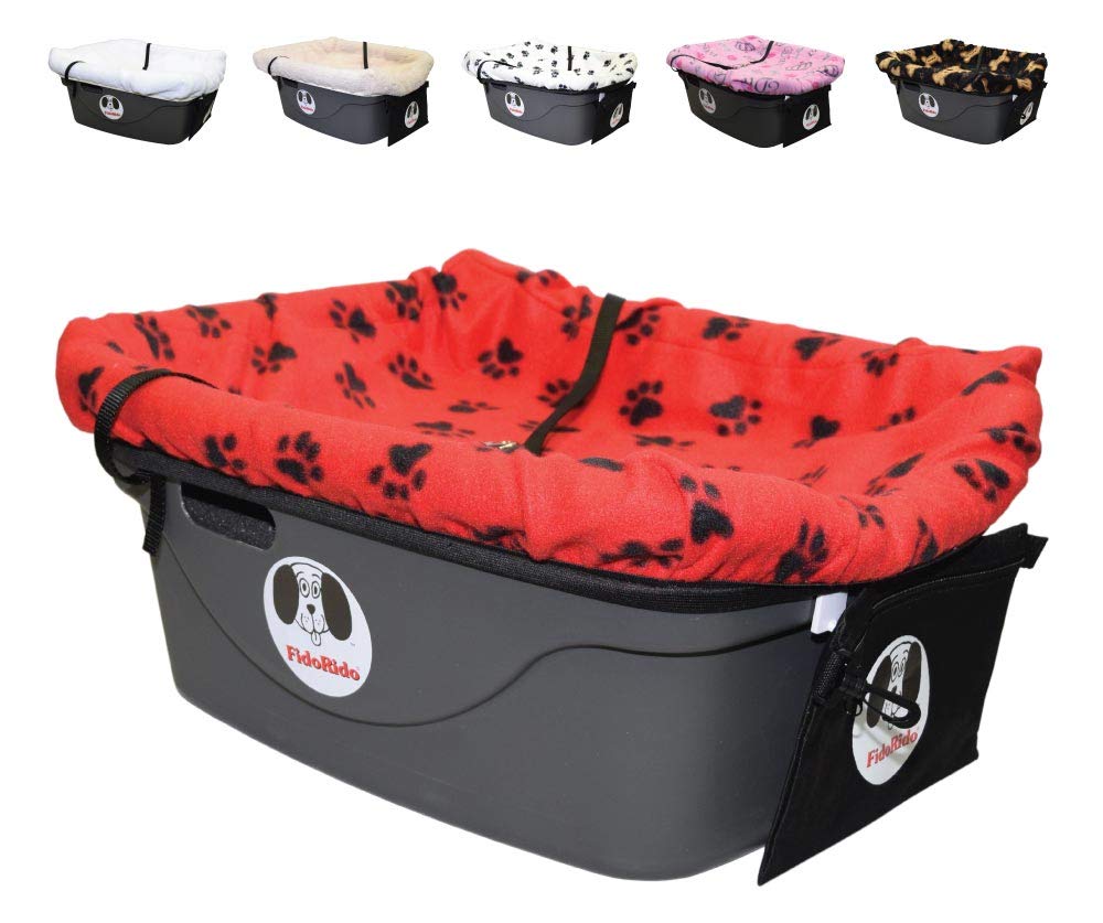 FidoRido Dog Car Seat - Small Harness Booster Seat, Red with Black Paw Prints, Comfortable Cushions and Safety Straps for Travel