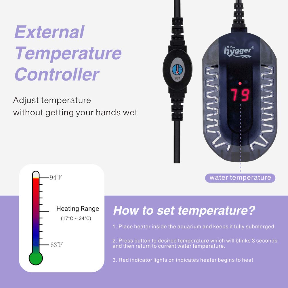 Hygger Mini Glass Aquarium Heater Adjustable Led Digital Temperature Display Small Tank Heater For Turtle Betta Fish Bowl With Protective Guard 50W
