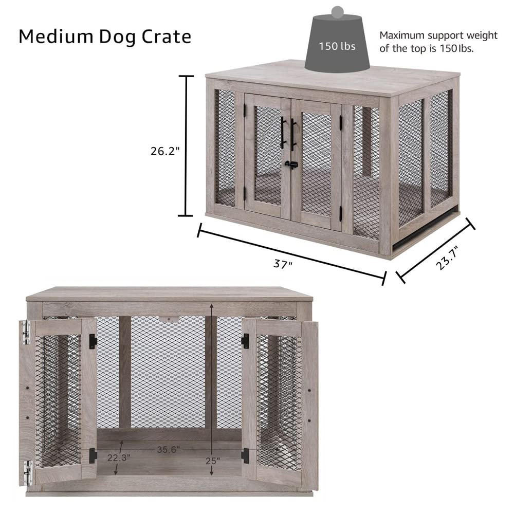 Unipaws Furniture Dog Crate With Tray For Medium Dogs, Indoor Aesthetic Puppy Kennel Pet House Dog Cage With Door, Modern Decorative Wood Pretty Cute Fancy End Side Table Nightstand, Grey