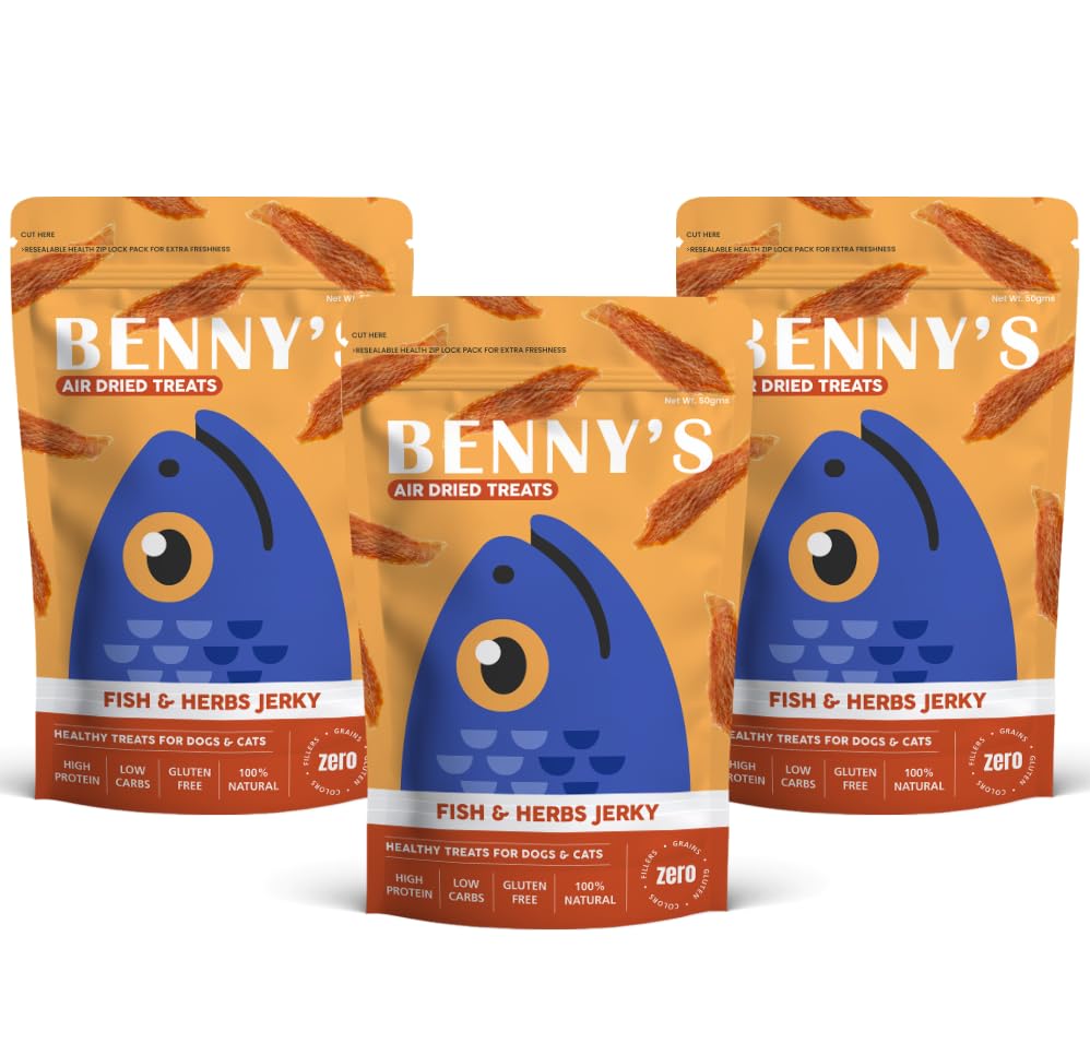BennyS Bowl AirDried Dog Treats  Fish & Herbs Jerky | 100% Natural, Omega3 Rich, | Soft & Chewy Treats For Dogs | 3 Packs  50