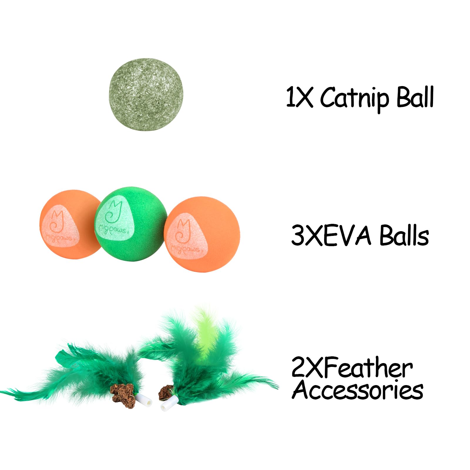 Migipaws Paw Palace Cat Toy Set - 3 EVA Balls, 1 Catnip Ball, 2 Feather Teaser Accessories