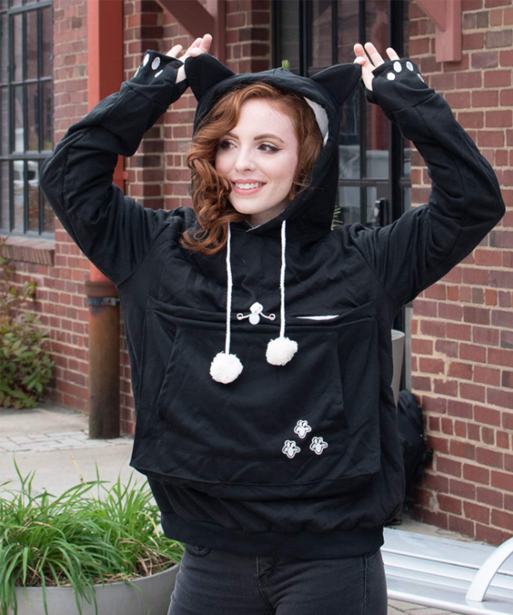 Unisex Big Pouch Hoodie Long Sleeve Pet Dog Holder Carrier Sweatshirt Black