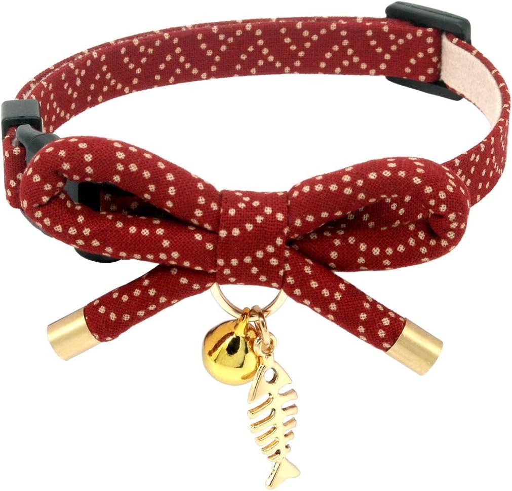 Cute Bowtie Cat Collar With Bell. Japanese Stylish Bowknot & Fish Charm. Safety Breakaway, Soft, Lightweight, For Girl Boy Male 