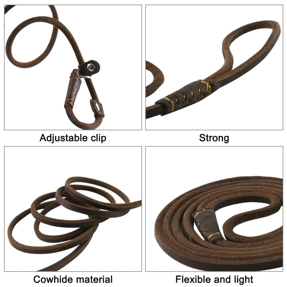 DONGKER Dog Slip Lead,5ft 2-in-1 Leather Pet Training Walking Leash Adjustable Neck Size for Small Medium Lage Dogs