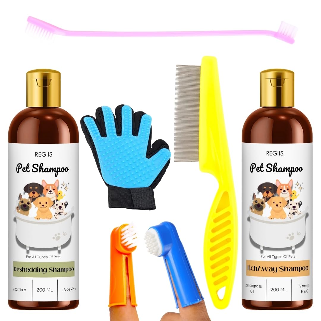Regiis Pet Grooming Kit With Deshedding Shampoo, Itch Away Shampoo, Brushes, Combs, Grooming Glove, 200Ml Bottles, For Dogs(Pack