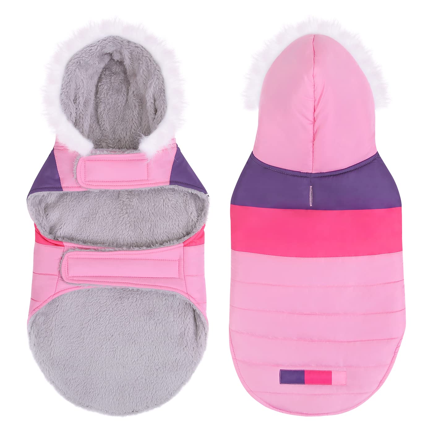 Hde Dog Puffer Jacket Fleece Lined Warm Dog Parka Winter Coat With Harness Hole Pink Stripe - M