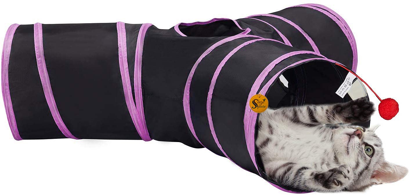 Sage Square Big Size Portable Sleeping Bag Exercise 3 Way Tunnel With Hanging Ball For Cat/Kitten/Puppy/Dog (Pink)