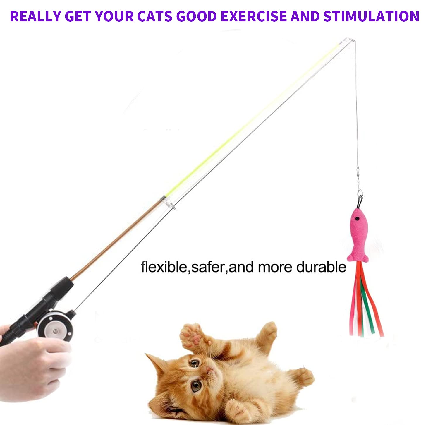 Whefory Retractable Cat Teaser Wand Toy, Cat Toys For Indoor Outdoor Cats Interactive Fishing Rod With 8 Pcs Refills Feather Toy, Plush Mouse Caterpillar & Fish