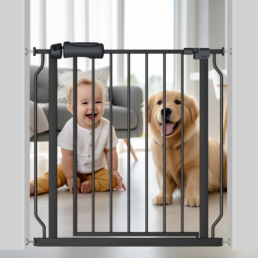 Fairy Baby Walk Through Black Baby Gate 29-34 Inch Wide for Stairs, Pressure Mounted Safety Gate with Door No Drill, Tension Met