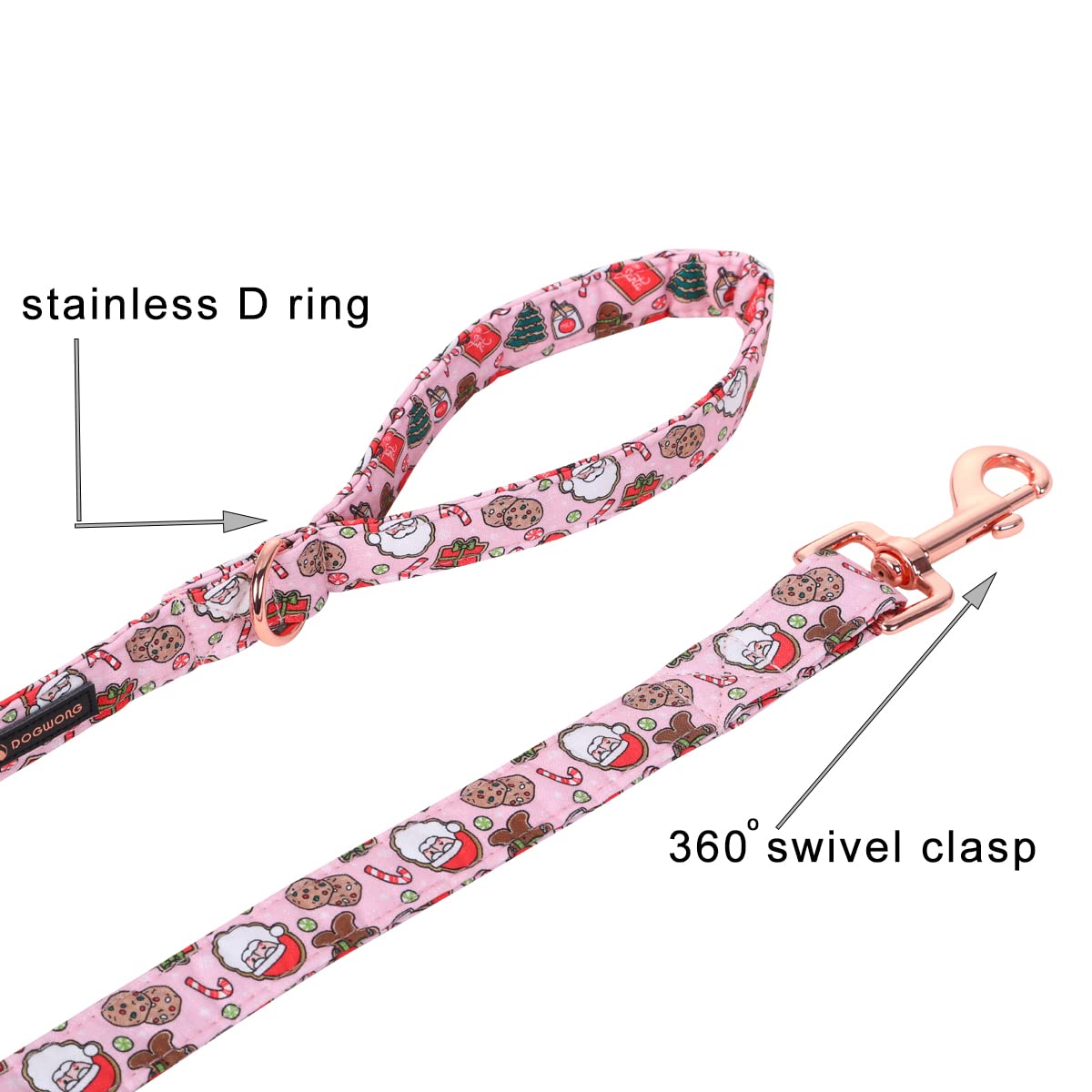 Dogwong Christmas Tree Dog Leash - Pink Santa Claus Soft Cotton Cute Puppy Leash For Small To Large Dogs