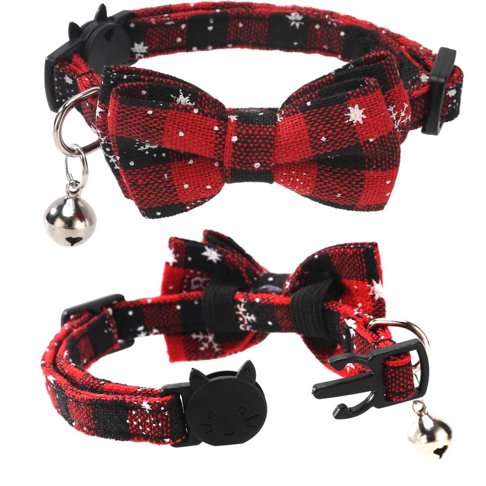 Lamphyface 2 Pack/Set Christmas Cat Collar Breakaway With Cute Bow Tie And Bell For Kitty Adjustable Safety Plaid