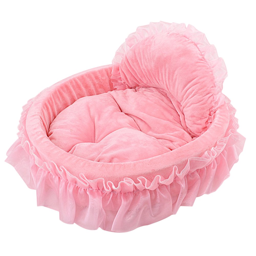 Wysbaoshu Cute Princess Pet Bed Bow-Tie Lace Cat Sofa Soft Plush Small Dog Cushion Bed Kitten Puppy Round Beds (S, Pink)